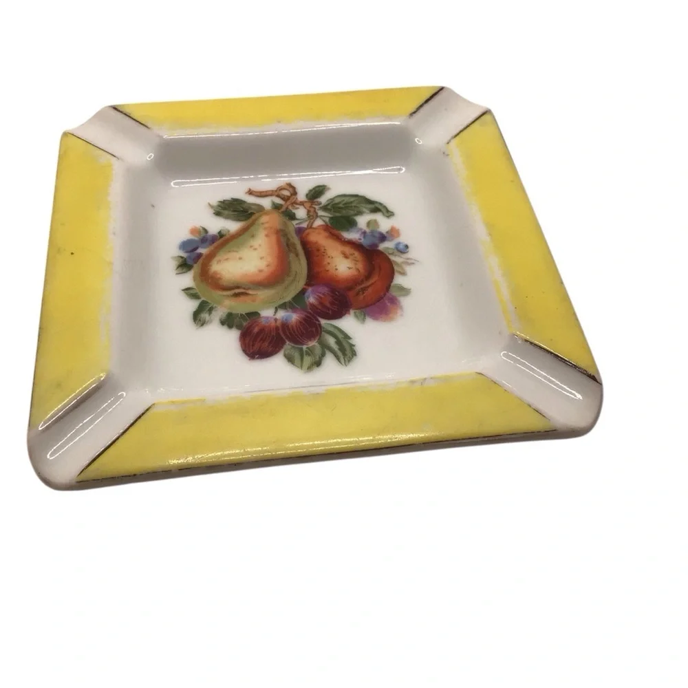 Vintage Japan Cherry China Porcelain Ashtray Fruit Pear Yellow Trim 5” Retro MCM